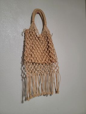 Boho Macramé Fringe Tote Bag in Tan